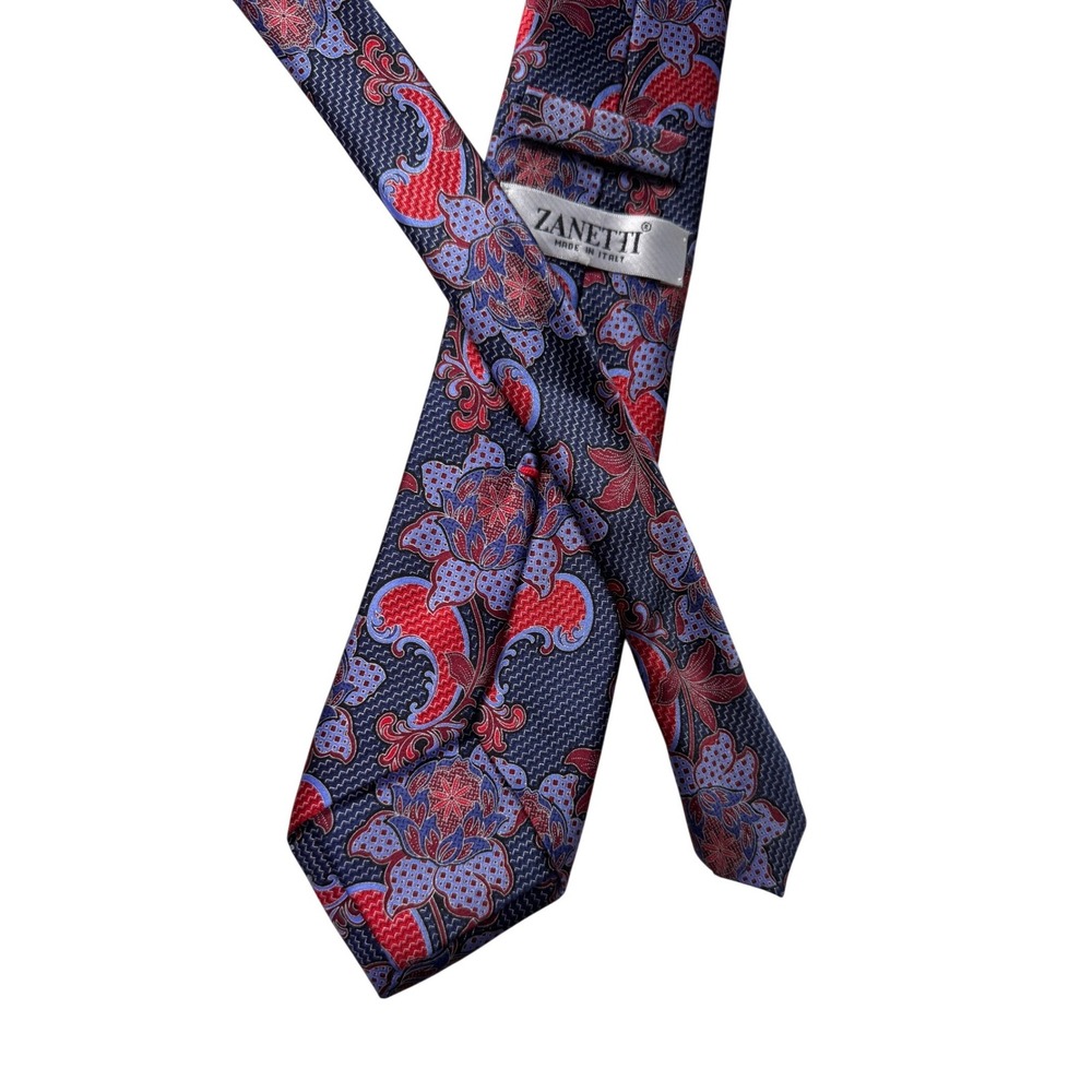Zanetti Italy Silk Tie Navy Blue Red Lavender Floral Paisley Woven Jacquard Mens